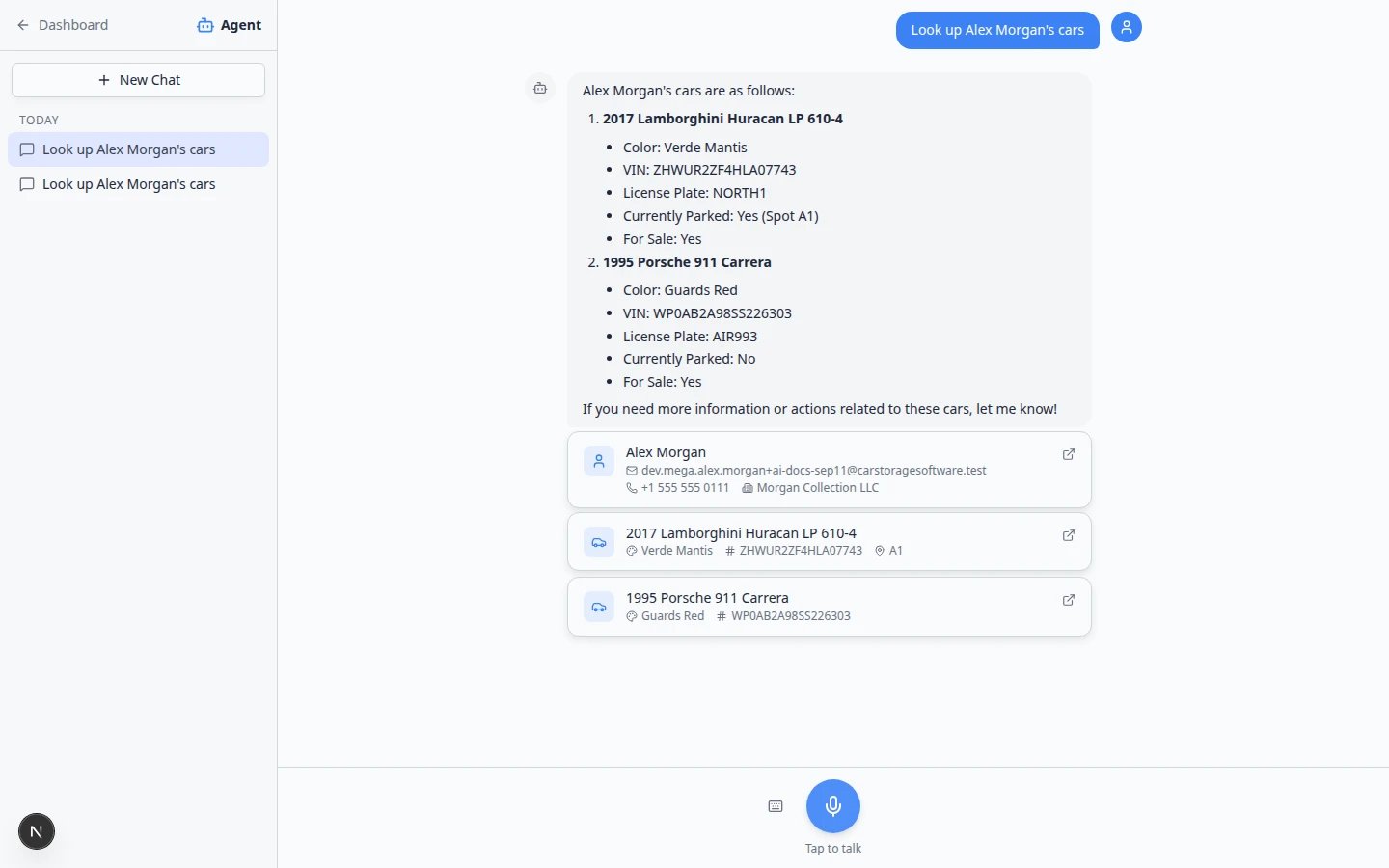 AI Assistant showing vehicle results for a customer lookup