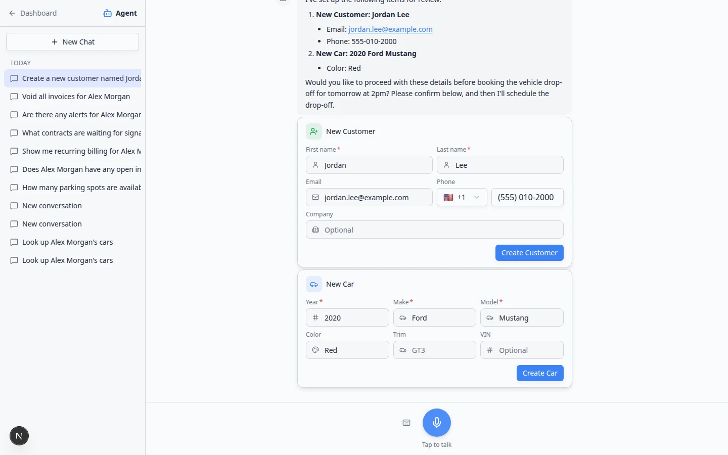 AI Assistant showing New Customer and New Car proposal cards with Confirm All button