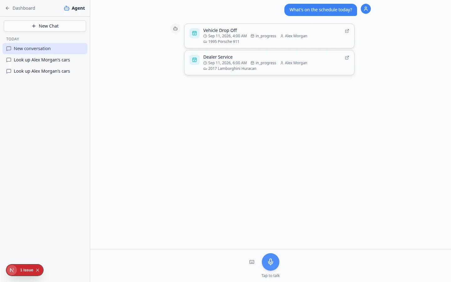 AI Assistant showing a response about today's scheduled appointments and events