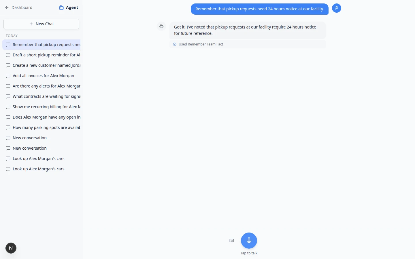 AI Assistant chat showing Used Remember Team Fact after the user asked to remember pickup notice rules