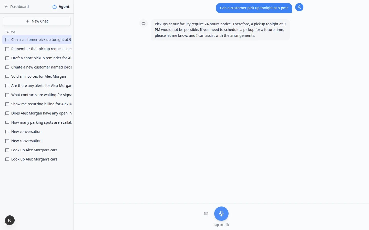 AI Assistant answering a pickup question using the saved 24-hour notice team memory rule