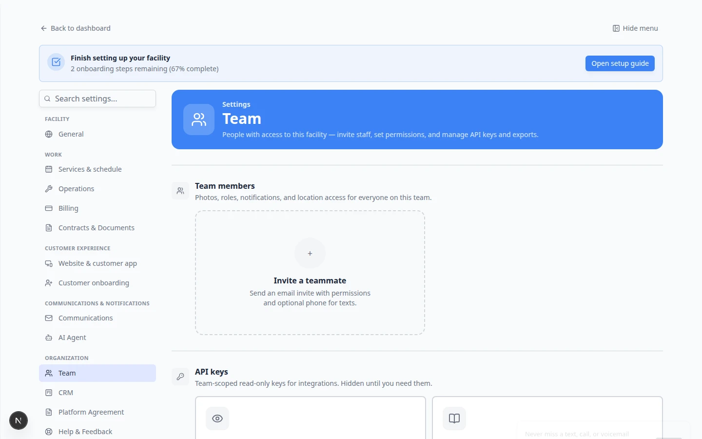 Settings Team page showing team members and permission checkboxes including AI Assistant