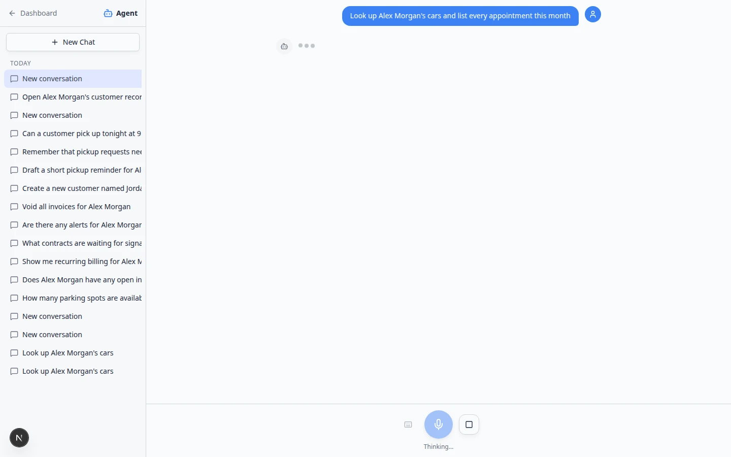 AI Assistant chat showing animated thinking dots with a stop button near the bottom input area