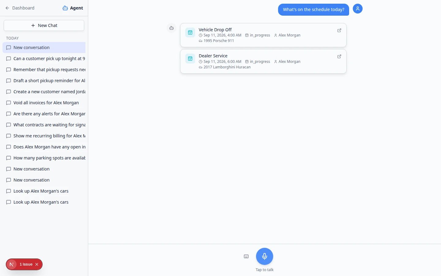 Active Agent chat with keyboard icon for Type instead and text input at the bottom