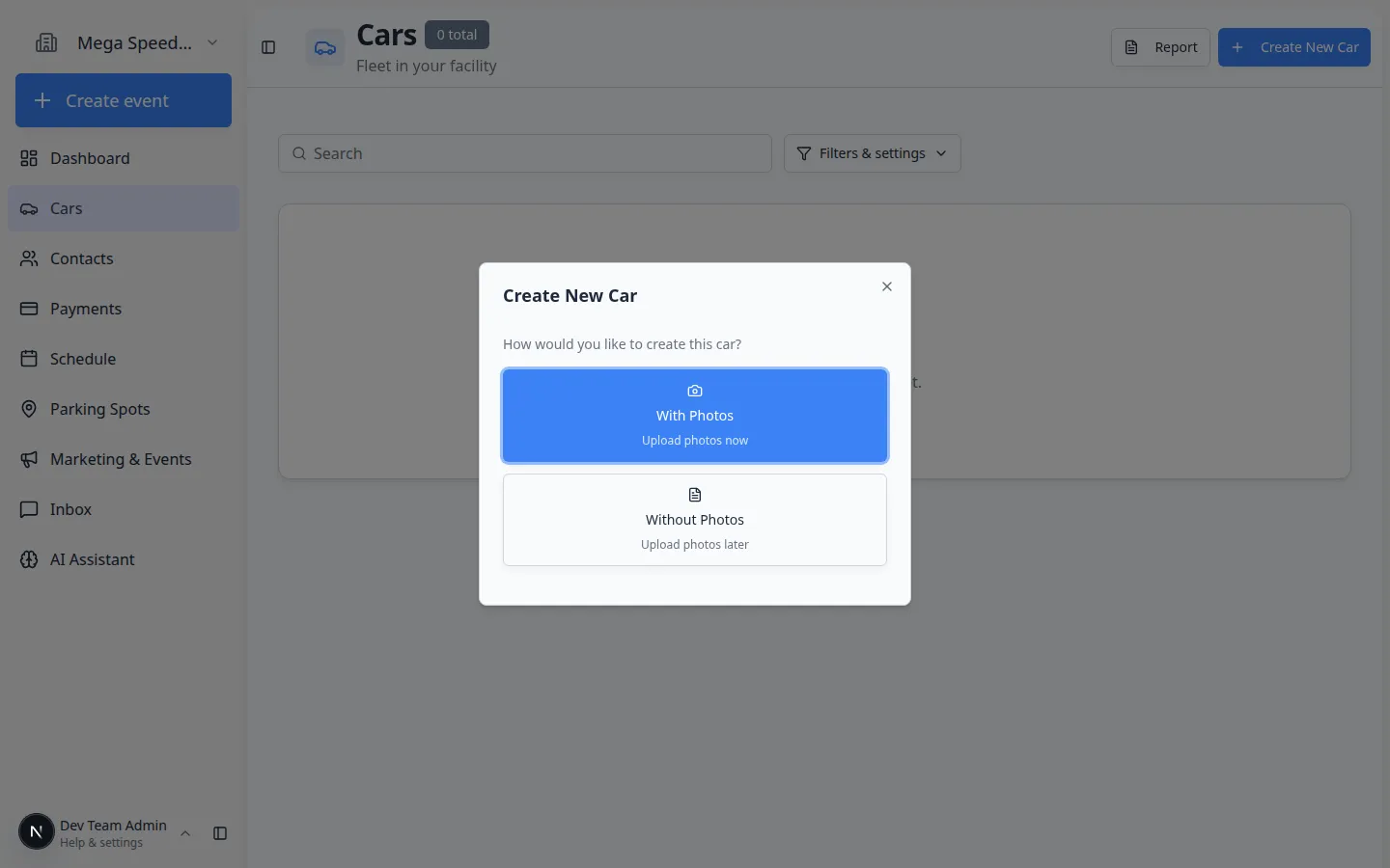 Create New Car dialog or first step of the car creation flow showing vehicle fields and customer connection