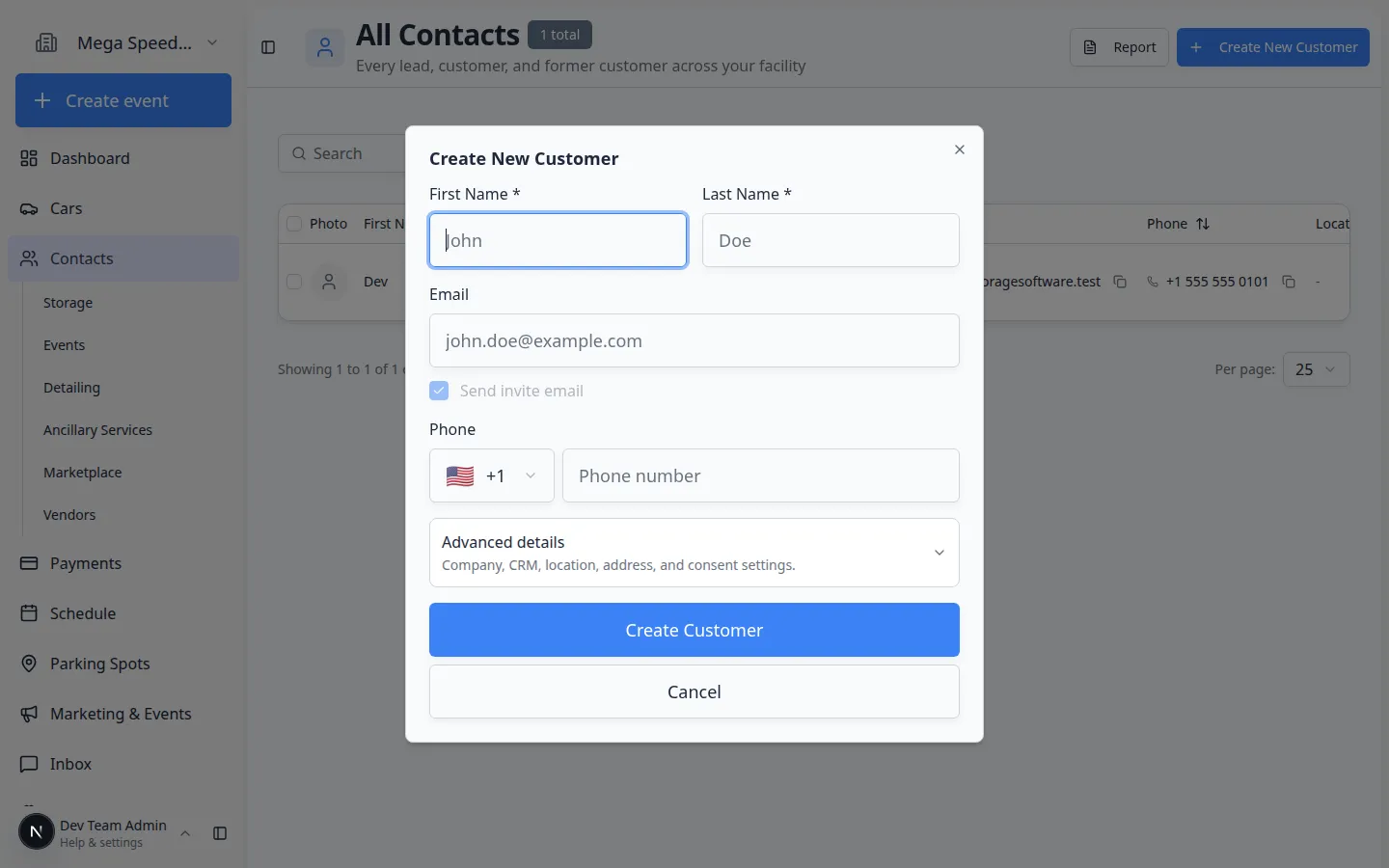 Create New Customer dialog showing fields for name, email, phone, company, and CRM details