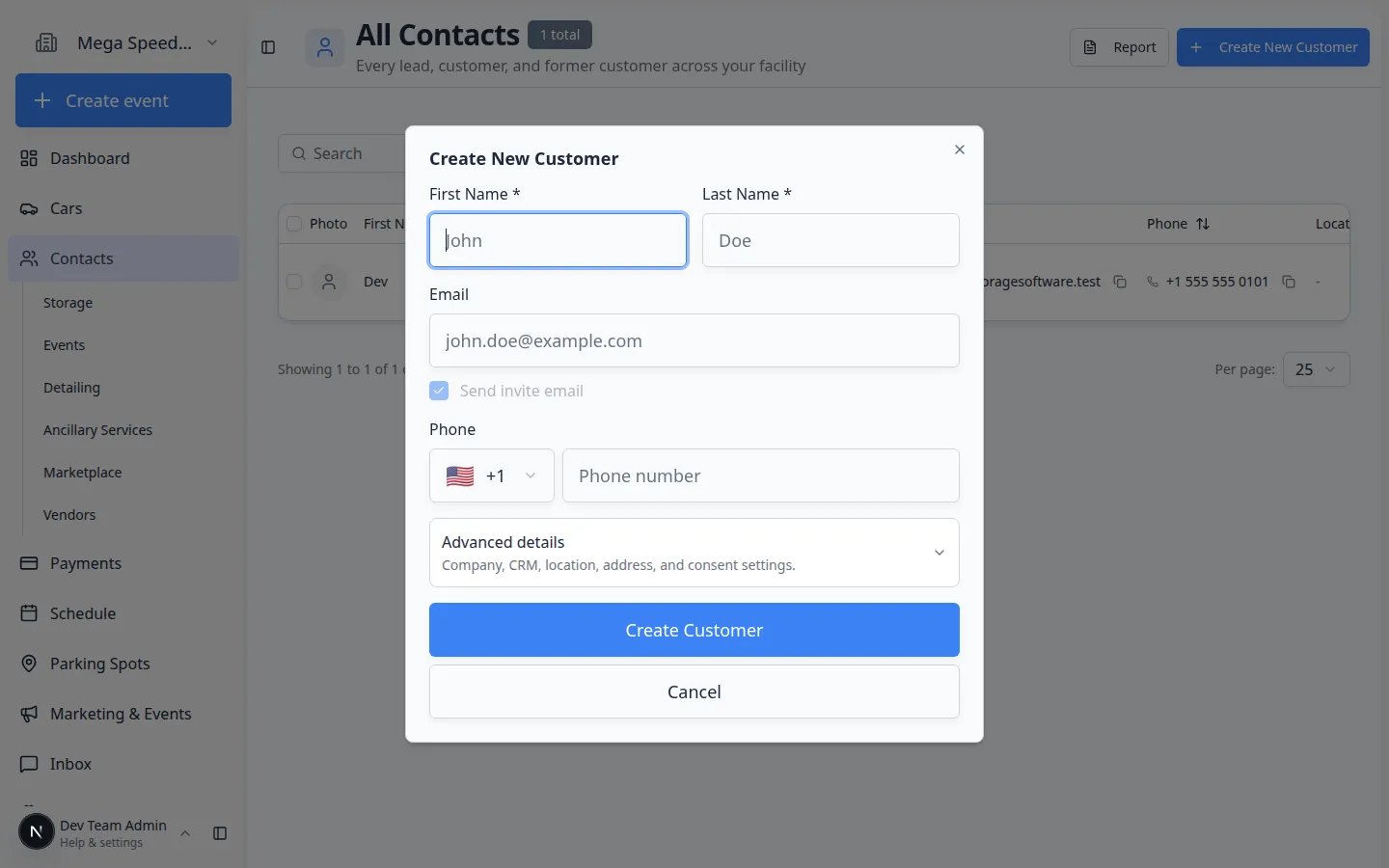 Create New Customer dialog showing fields for name, email, phone, company, and CRM details