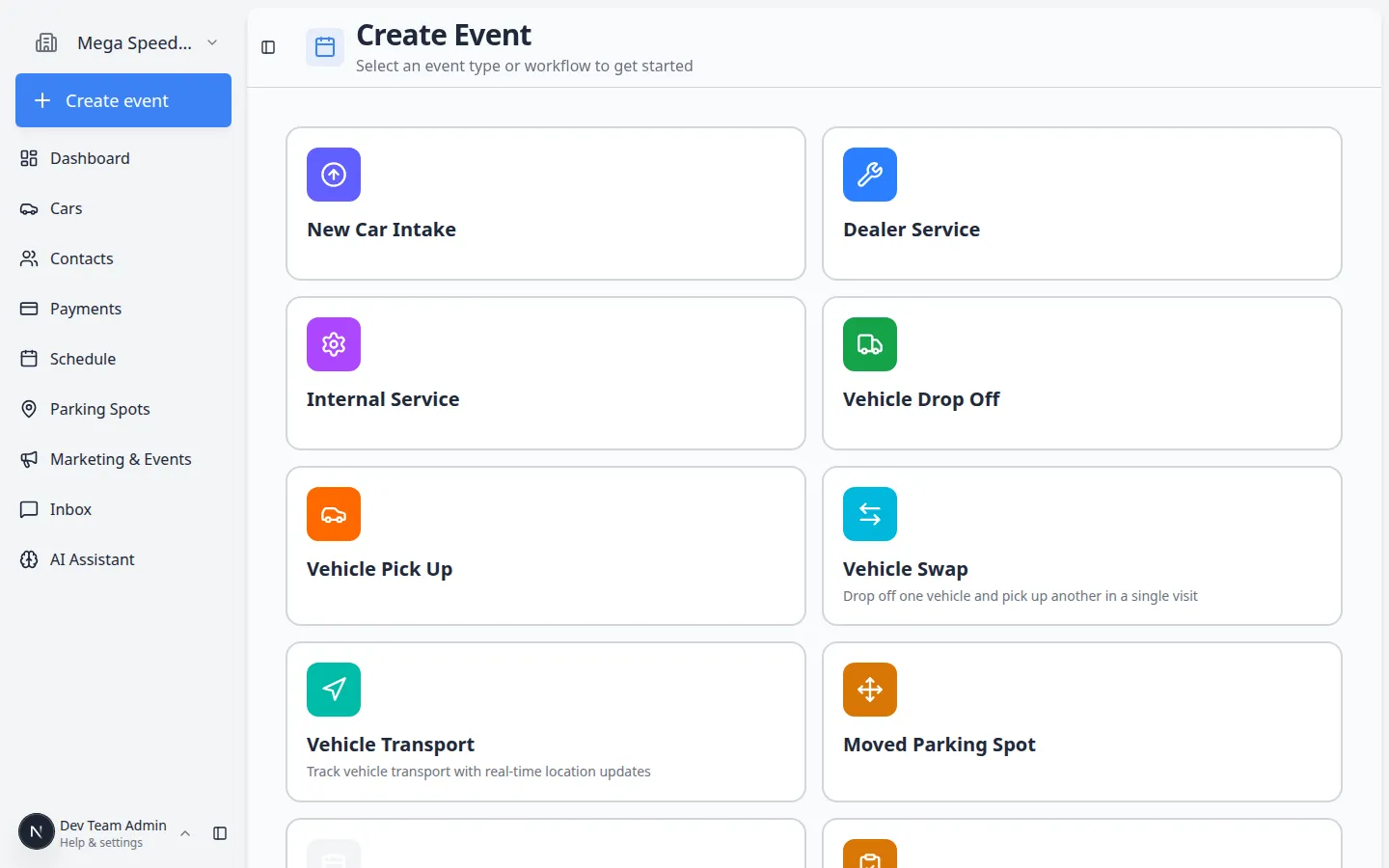 Create event home page showing Mega Speed Storage in the sidebar and a grid of event type cards such as Vehicle Drop Off and Vehicle Pick Up
