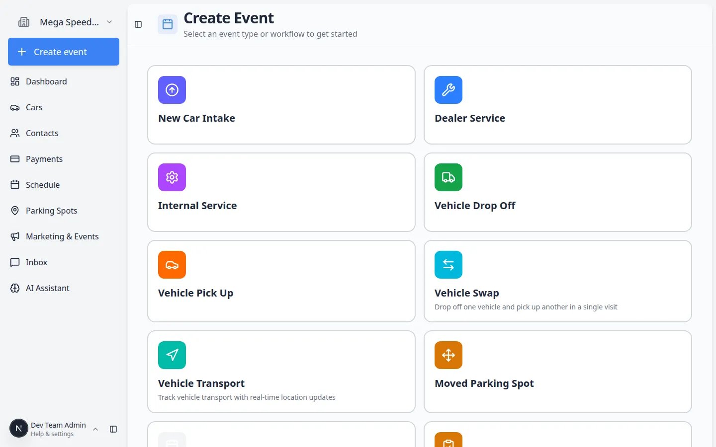 Create event home page showing Mega Speed Storage in the sidebar and a grid of event type cards such as Vehicle Drop Off and Vehicle Pick Up