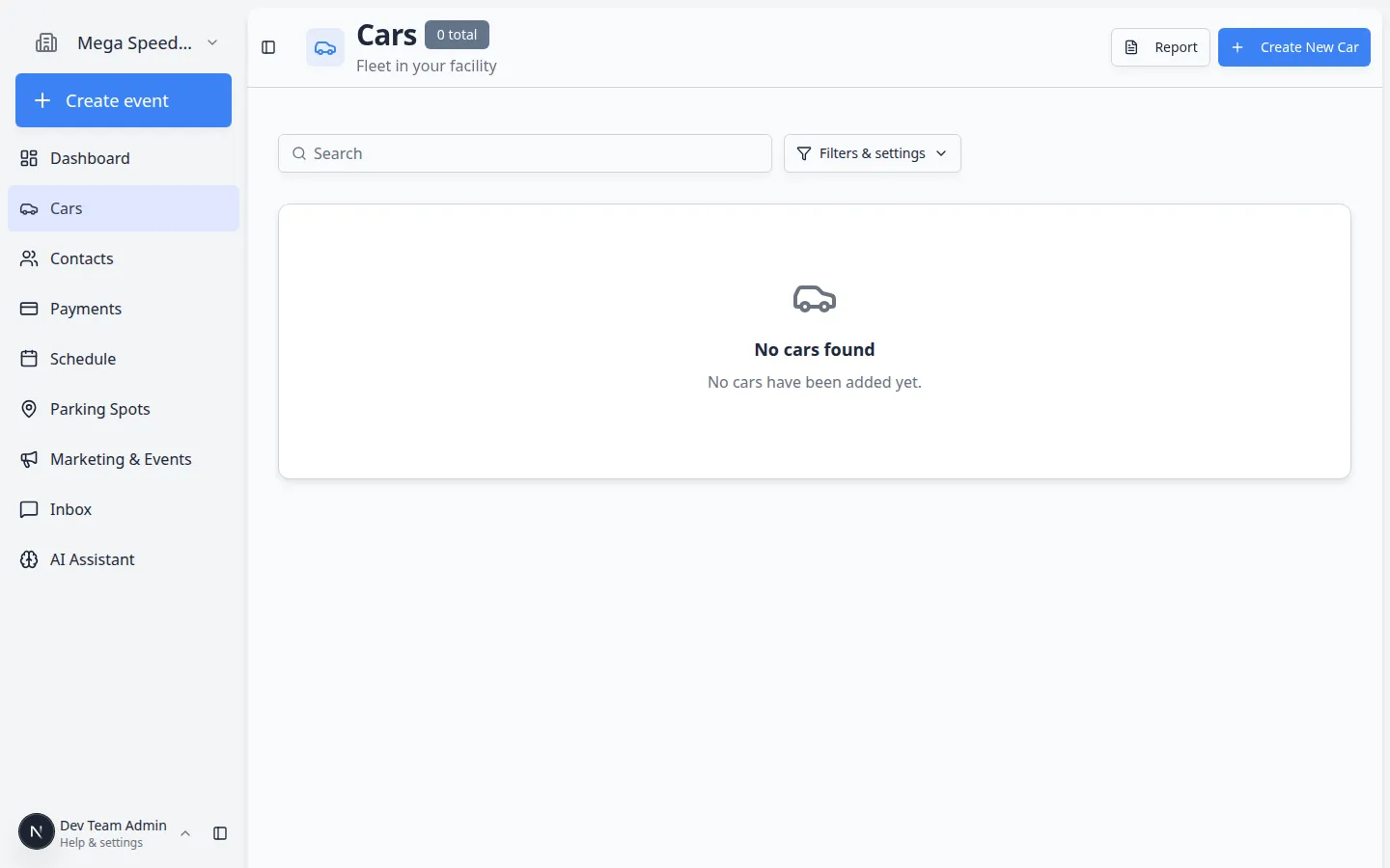 Cars page showing a table of vehicles with search, filters, and Create New Car button