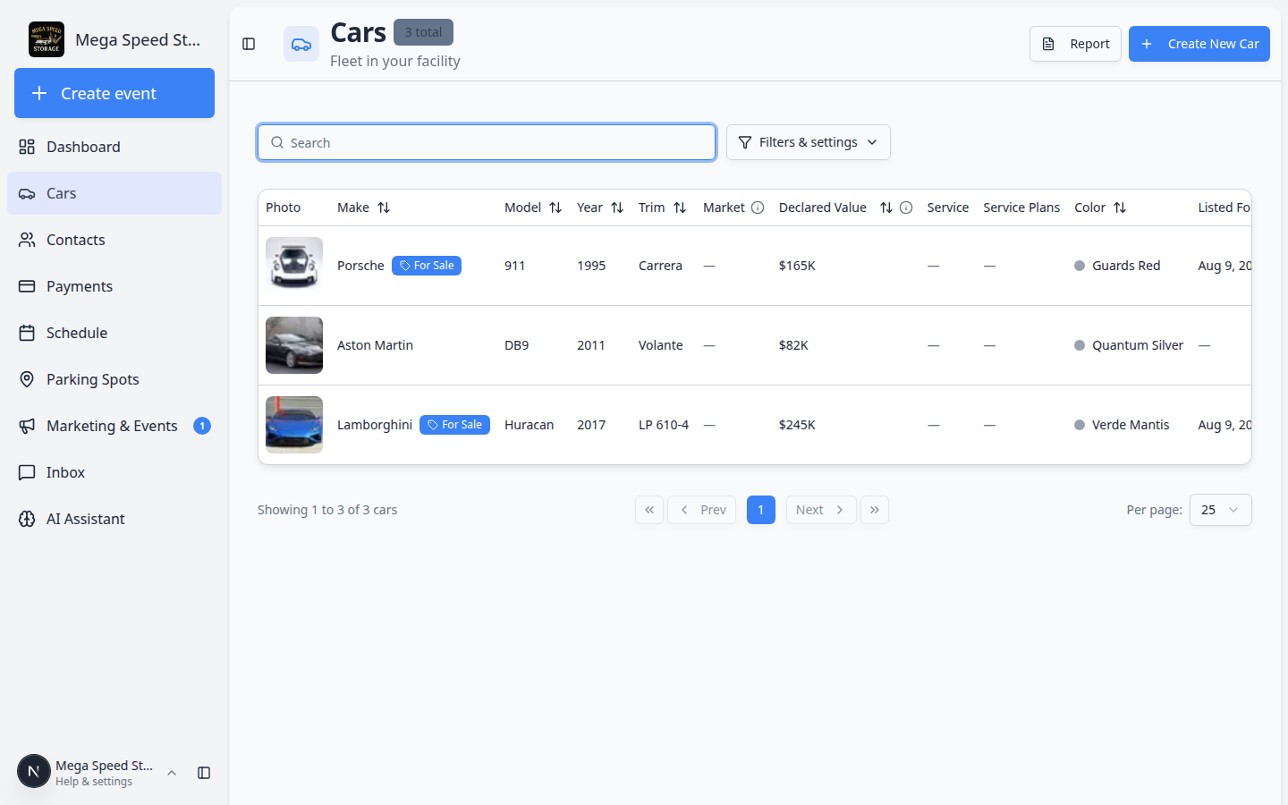 Cars page with Ferrari typed in the search box and matching vehicle rows filtered in the list