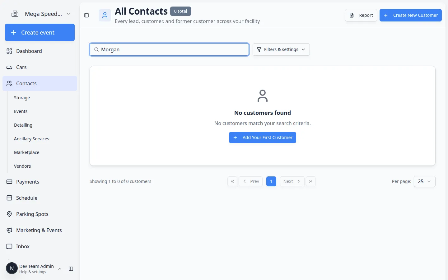 Contacts page with search box filled in showing matching customer results before creating a new record