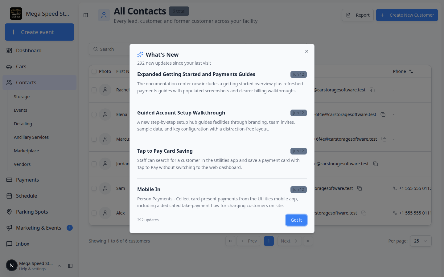 Contacts page search box with James typed in and filtered customer rows listed below