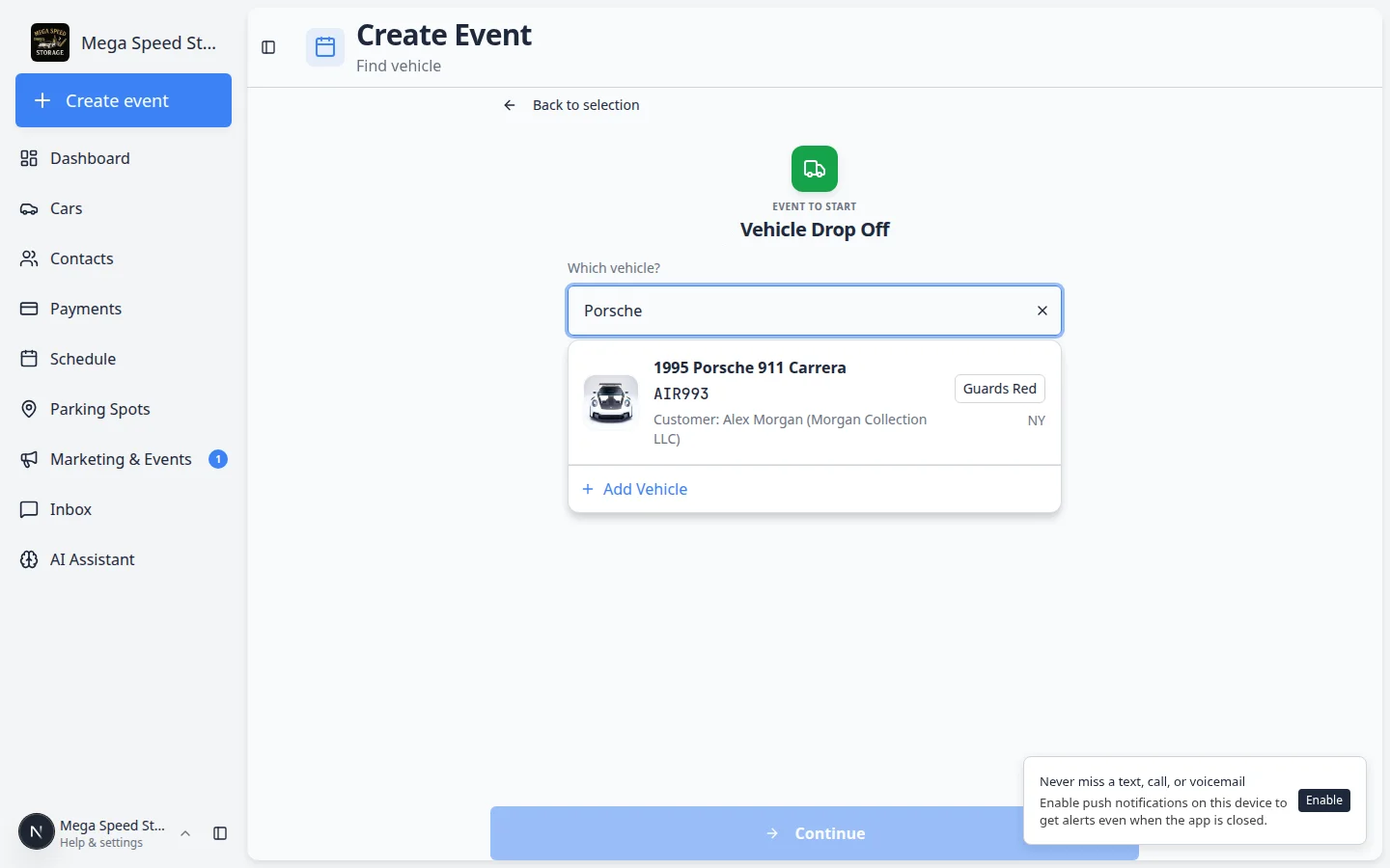 Create event page after selecting an event type, showing Event Type banner, Search Vehicle field, and Continue button