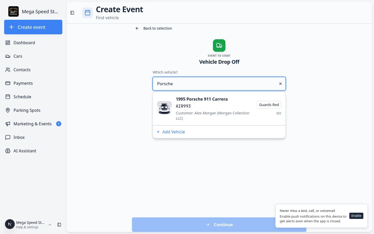 Create event page after selecting an event type, showing Event Type banner, Search Vehicle field, and Continue button