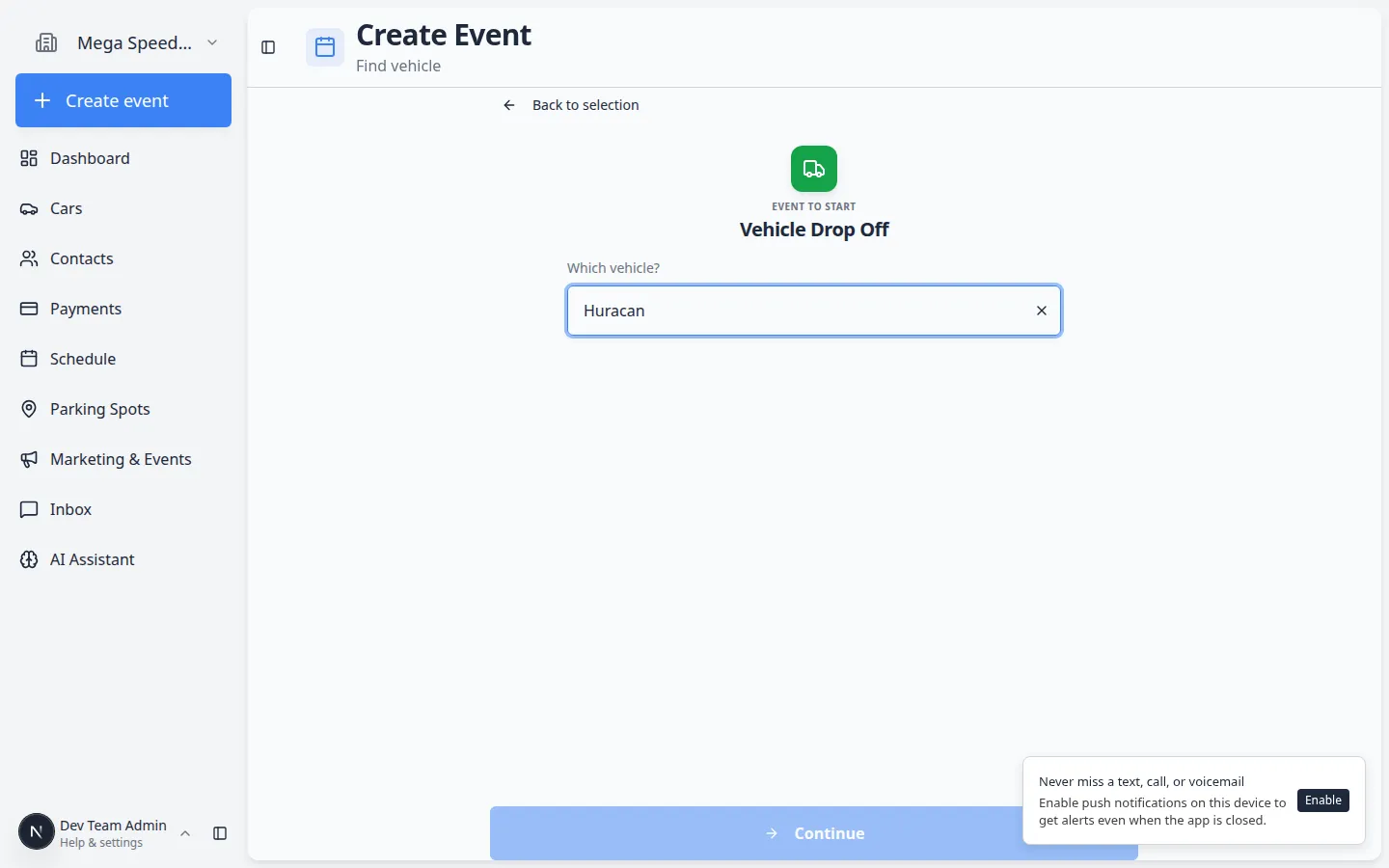 Create event page after selecting Vehicle Drop Off and choosing a 1995 Porsche 911, showing vehicle summary and an enabled Continue button