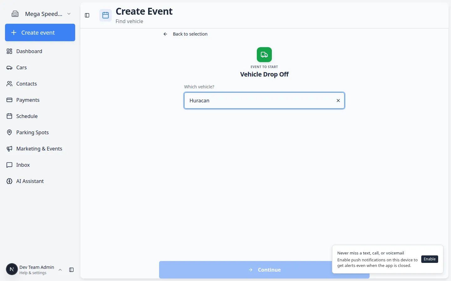 Create event page after selecting Vehicle Drop Off and choosing a 1995 Porsche 911, showing vehicle summary and an enabled Continue button