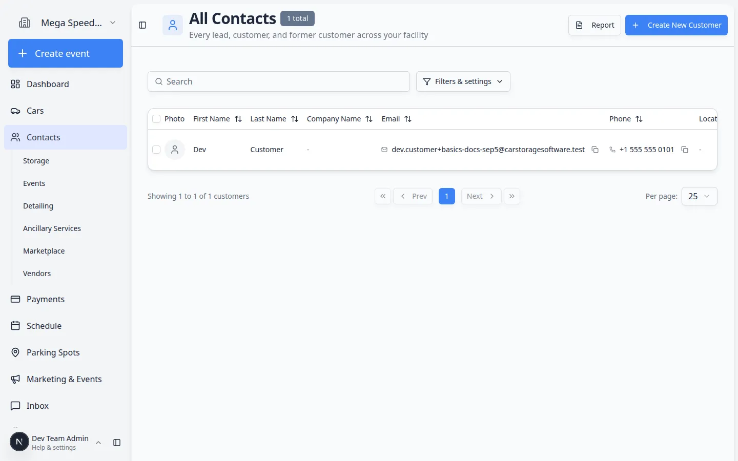 Contacts page showing customer rows with name, email, phone, and CRM information