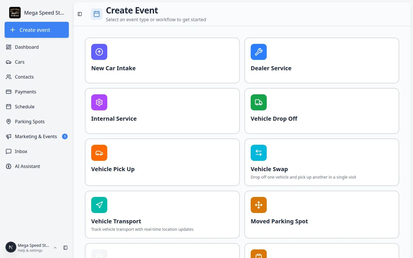 Create event home page showing workflow cards and sidebar navigation