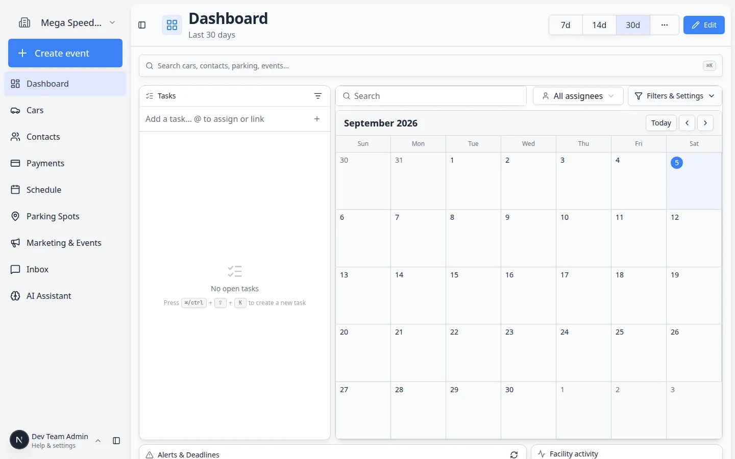 Dashboard page with a search bar near the top that says Search cars, customers, parking, events with a keyboard shortcut hint