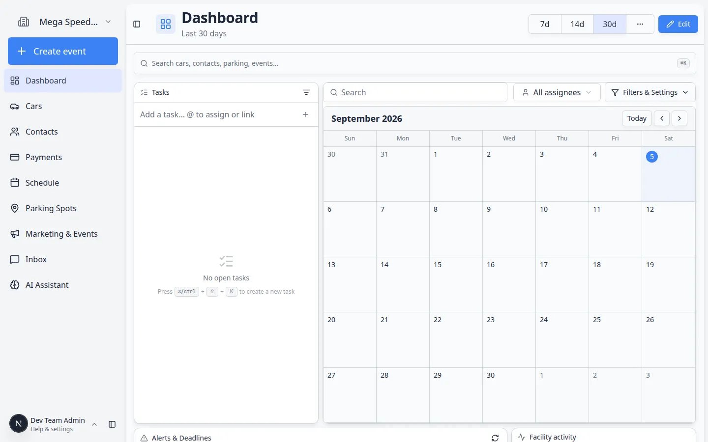 Dashboard page with a search bar near the top that says Search cars, customers, parking, events with a keyboard shortcut hint