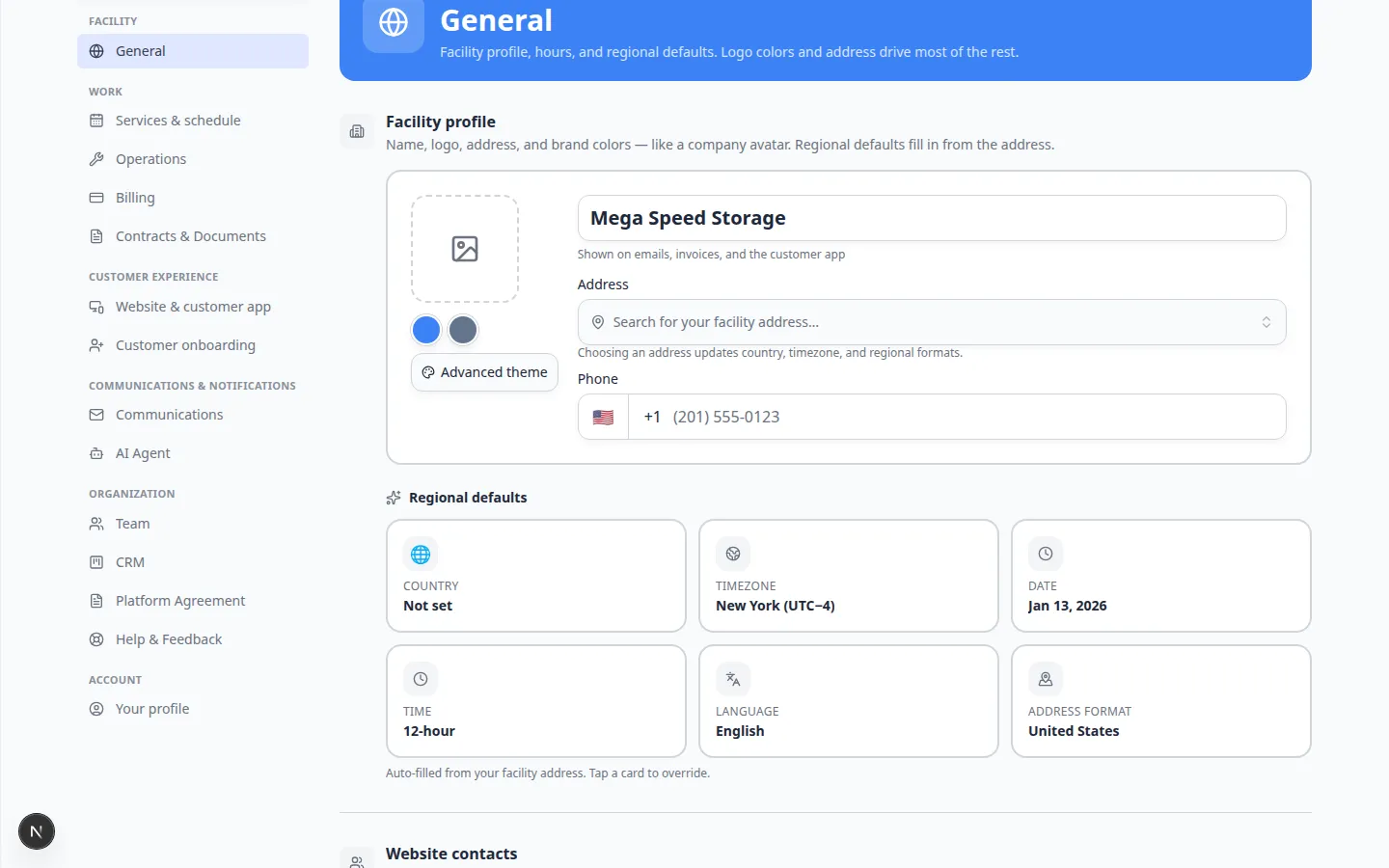 Settings Branding page showing Basic Branding with facility name, app name, and logo upload areas