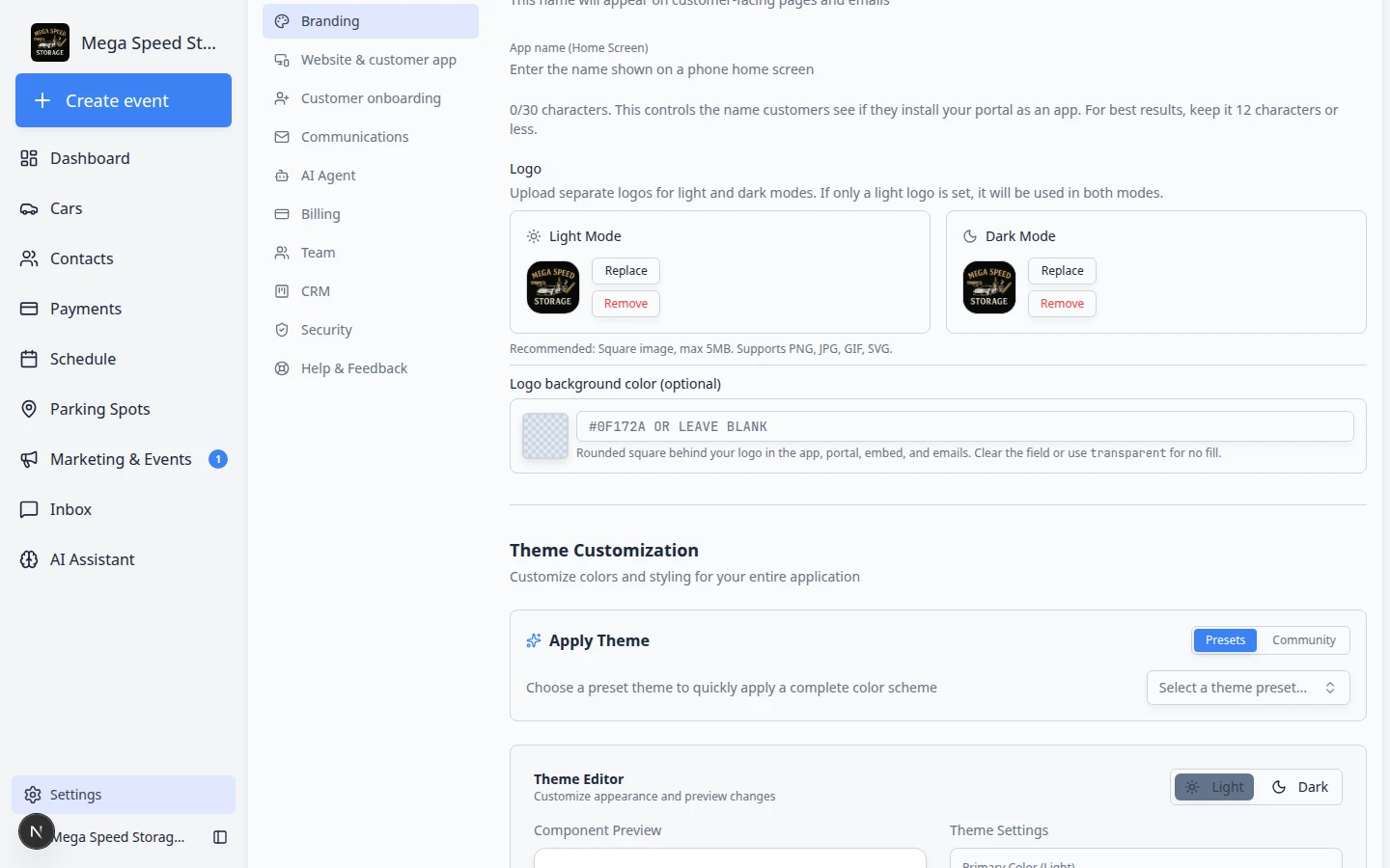 Branding settings page scrolled to theme color pickers and preview areas