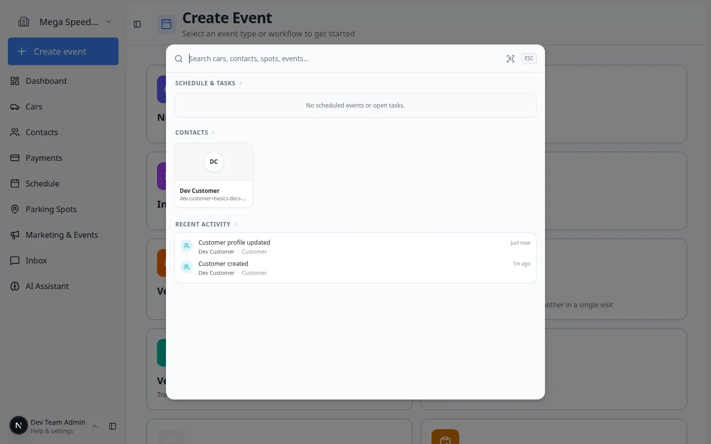 Facility search dialog open with placeholder text asking for at least two characters