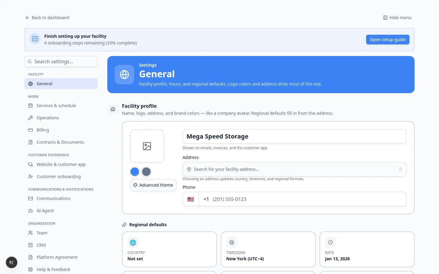 Settings page showing a menu of facility configuration options including Branding, General, Website, Team, and Billing