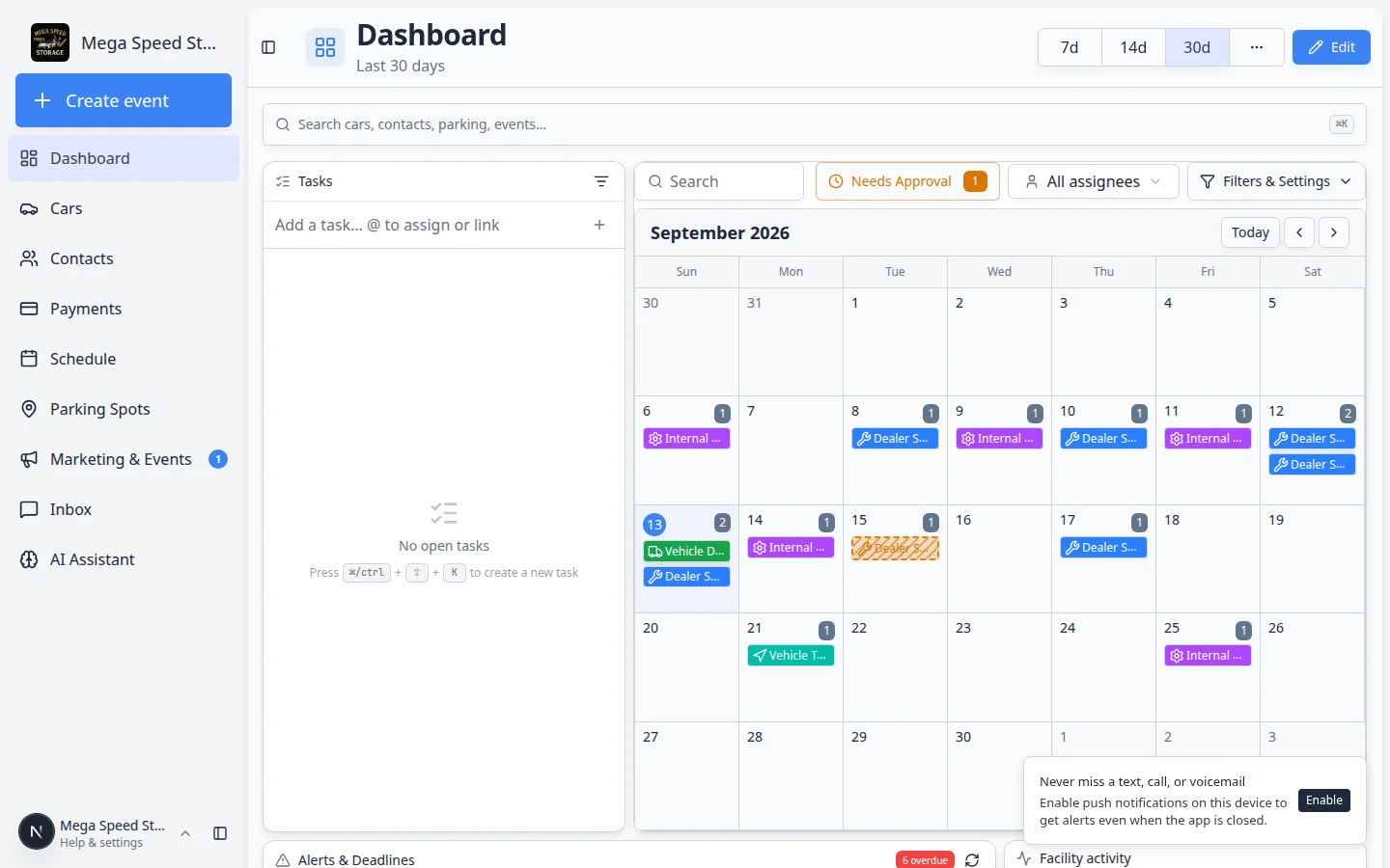 Dashboard beta page with schedule, parking, and inbox widgets alongside the sidebar