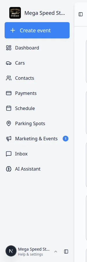 Dashboard sidebar showing Create event, Cars, Contacts, Schedule, Payments, and other menu items