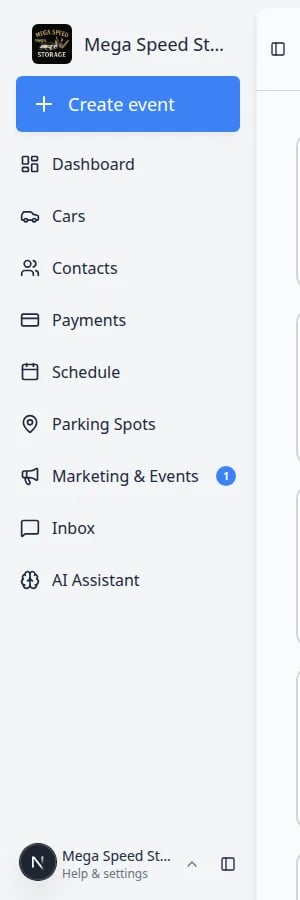 Dashboard sidebar showing Create event, Cars, Contacts, Schedule, Payments, and other menu items