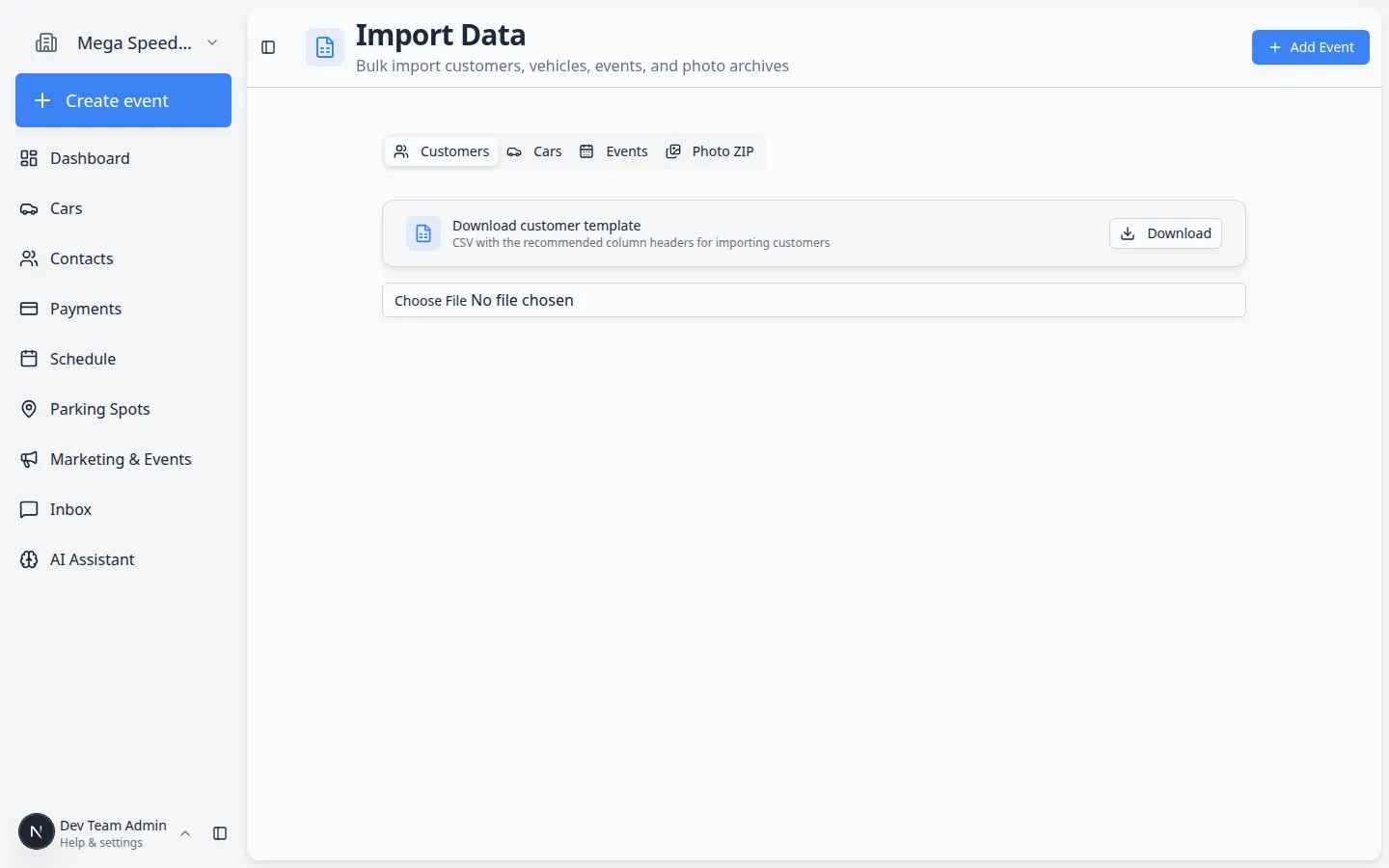 Import Data page showing tabs to upload customers, cars, events, and photos from spreadsheets