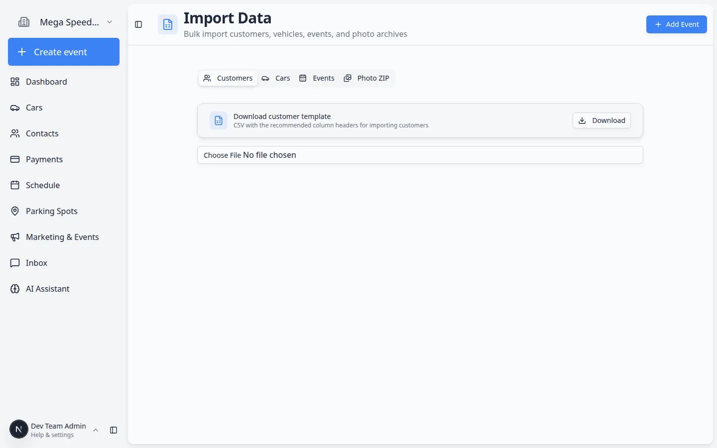 Import Data page showing tabs to upload customers, cars, events, and photos from spreadsheets