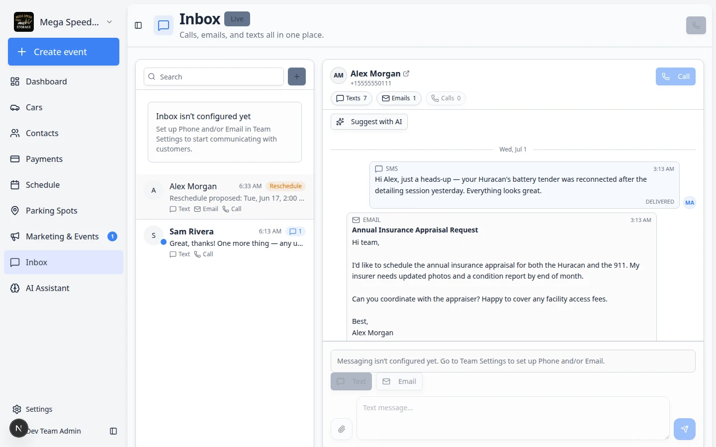 Inbox page showing a list of customer conversations on the left and an open message thread on the right