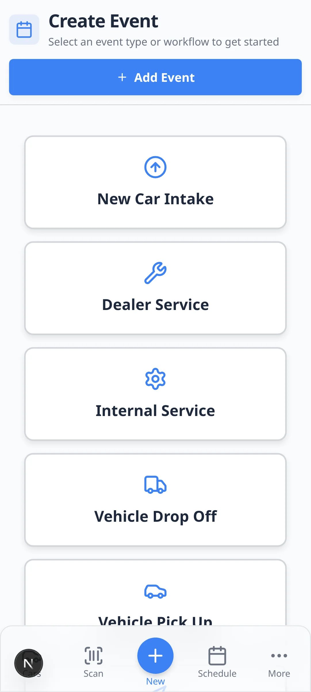 Create event page on an Android-sized phone screen in Chrome showing event type cards