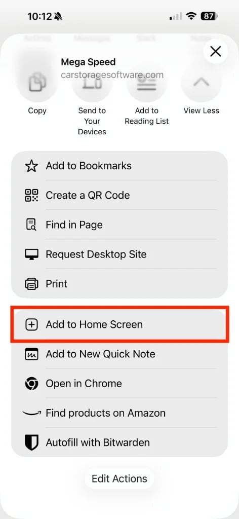 iOS share sheet in Chrome with Add to Home Screen highlighted in the action list