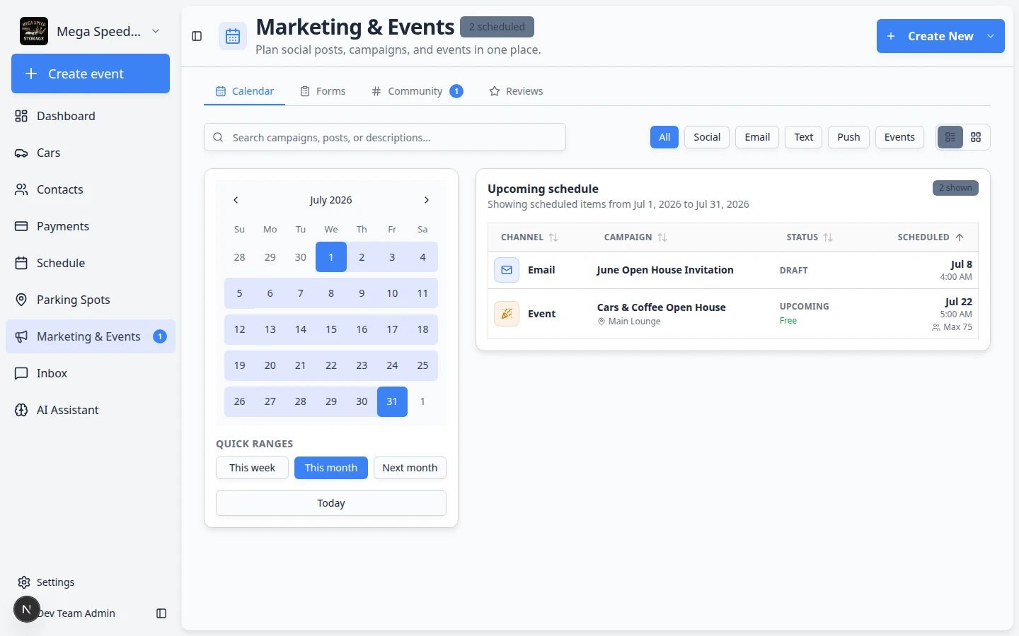 Marketing and Events page showing calendar, campaigns, and social event tools