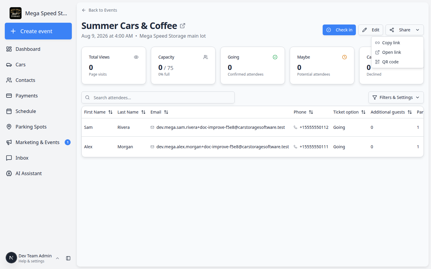 Share menu on a social event with Copy link, Open link, and QR code options