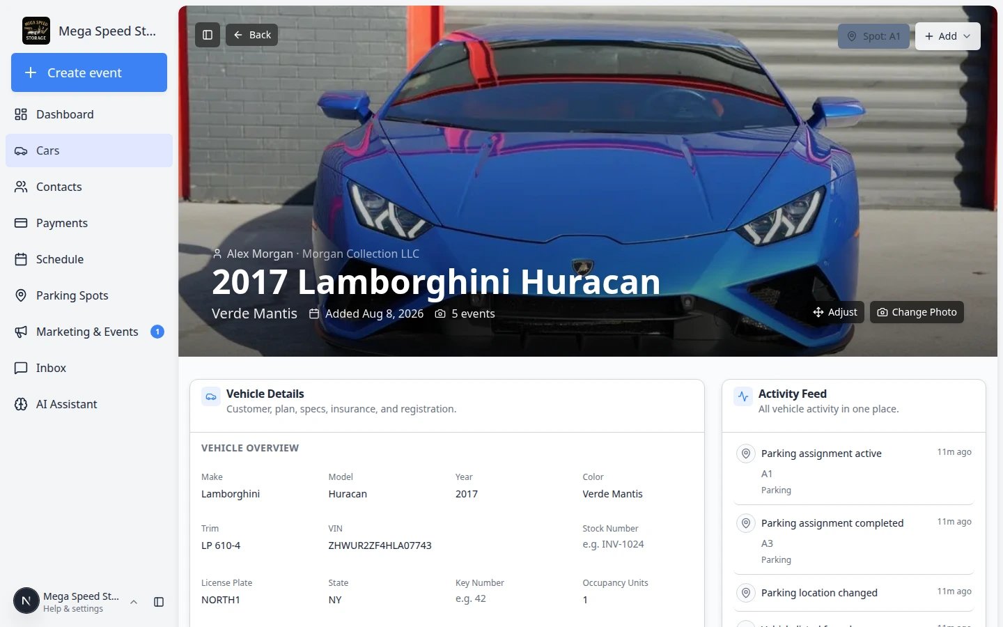 Car detail page showing the parking location control near the top with the current spot name