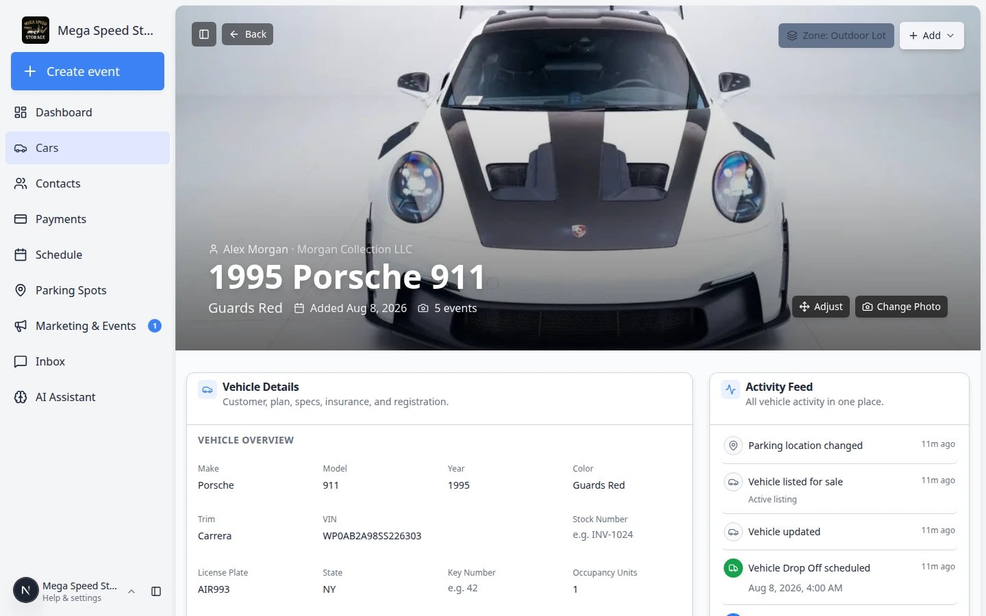 Car detail page showing Zone Outdoor Lot on the parking location button