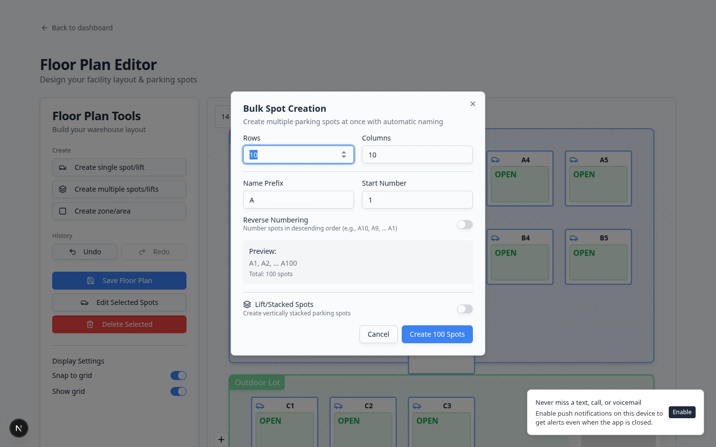 Bulk Spot Creation dialog showing Rows, Columns, Name Prefix, Start Number, and a preview of spot names such as A1 through A100
