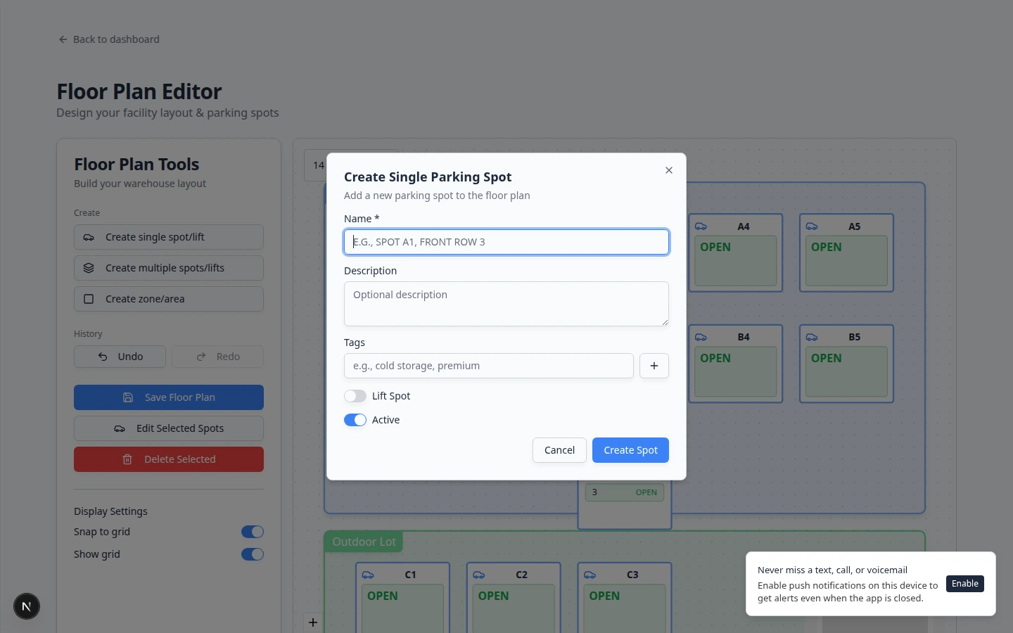 Create Single Parking Spot dialog showing fields for Name, Description, Tags, Lift Spot, and Active