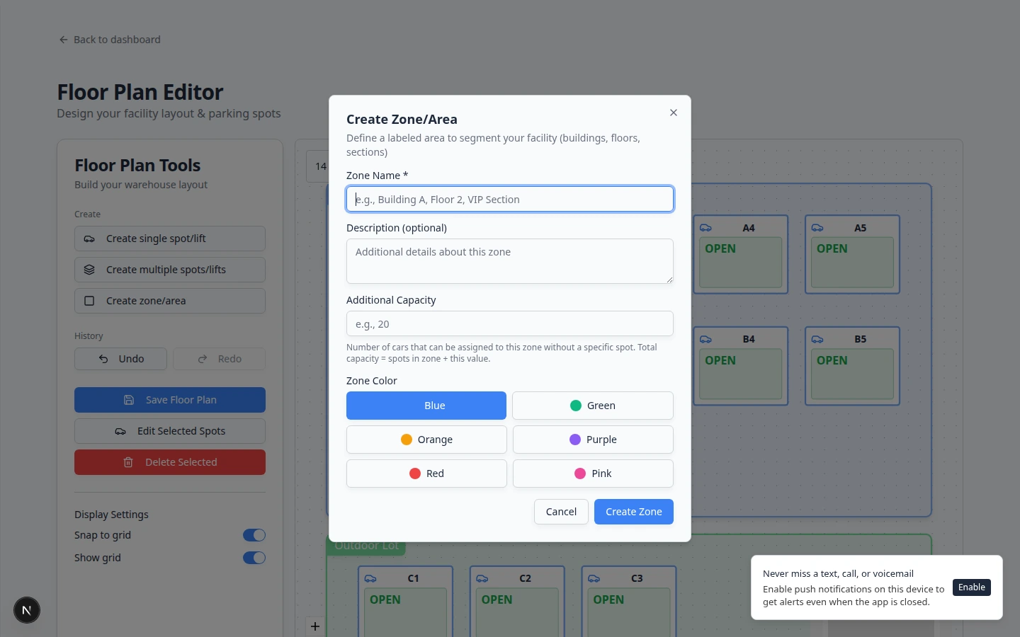Create Zone or Area dialog with fields for zone name, description, additional capacity, and a color picker