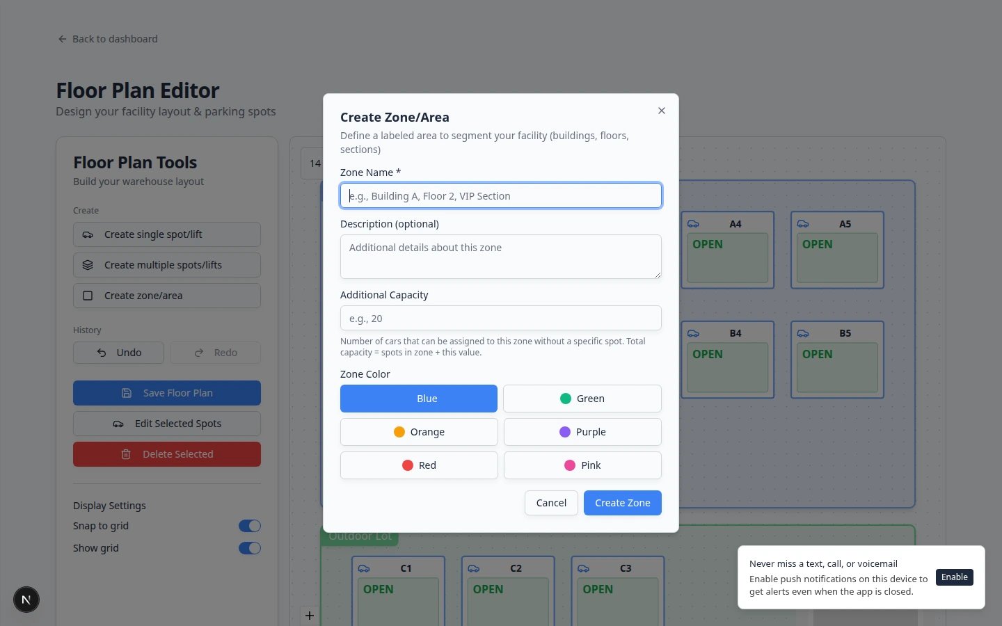Create Zone or Area dialog with fields for zone name, description, additional capacity, and a color picker