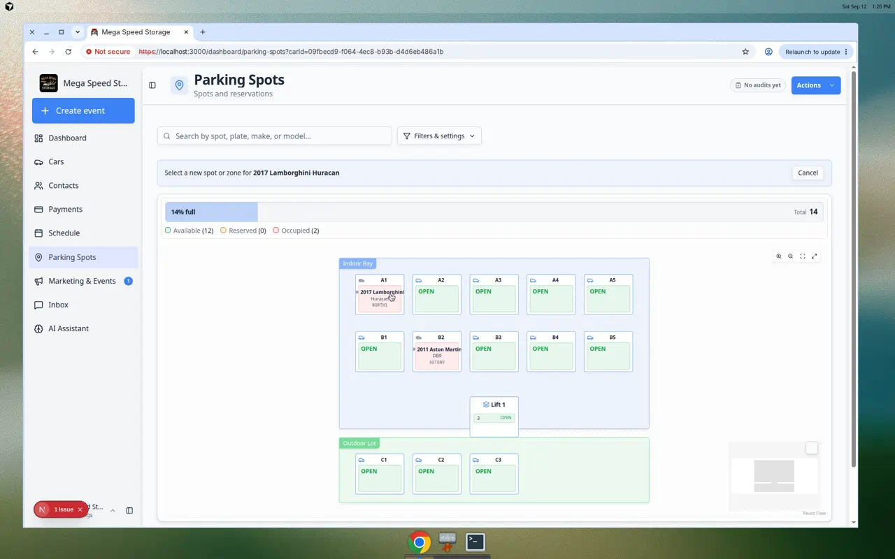 Move Vehicle dialog showing the current car and a search field to pick a new parking spot or zone