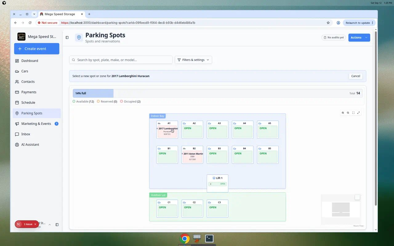Move Vehicle dialog showing the current car and a search field to pick a new parking spot or zone