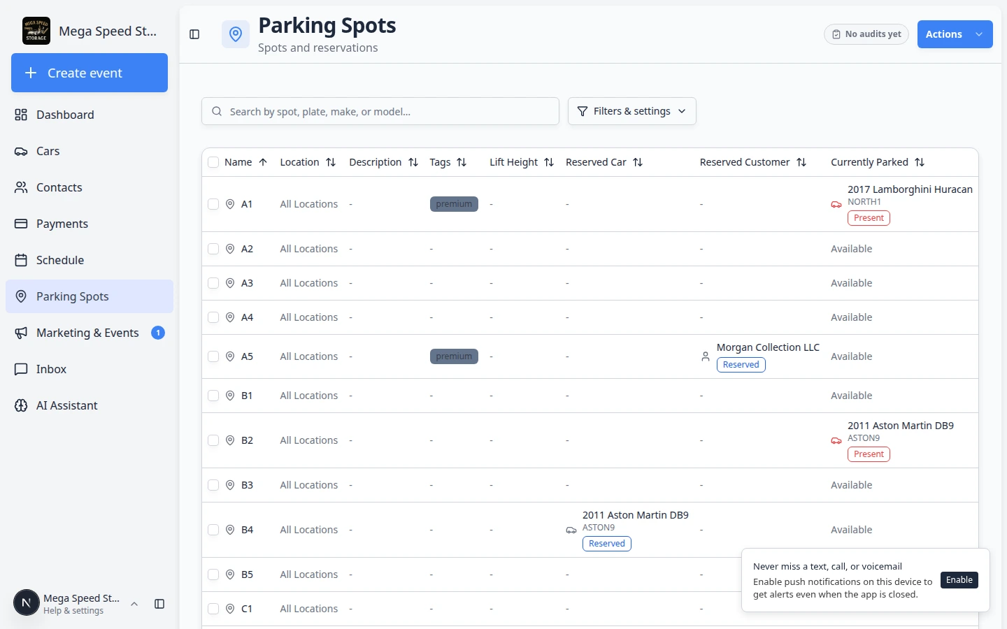 Parking Spots map in full screen mode showing the facility floor plan and spot labels