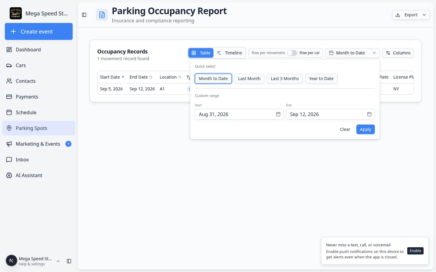 Parking report date range menu open showing quick options such as Month to Date and Last Month plus custom start and end dates