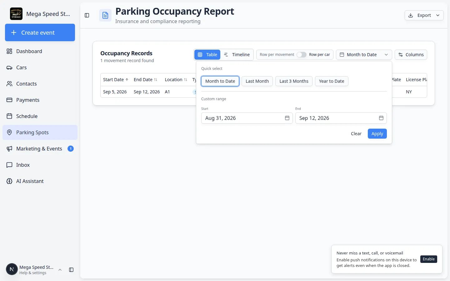 Parking report date range menu open showing quick options such as Month to Date and Last Month plus custom start and end dates